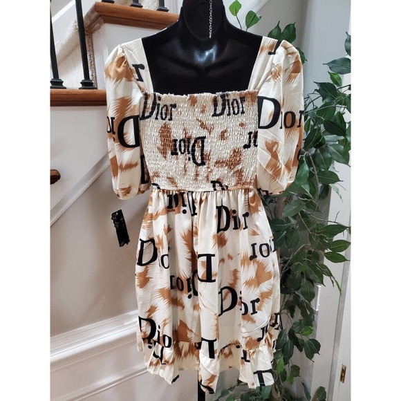 Mina Collection Beige & Brown Square Neck Half Sleeve Knee Length Dress Small - Picture 5 of 13